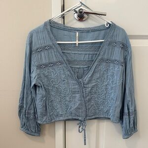 Free people Light Blue Embroidered V-Neck Cropped Top - Women